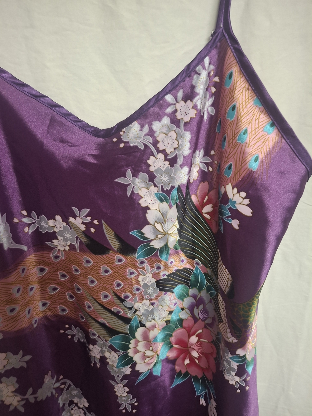 Vintage Oriental Village Silk Collection Purple Peacock Floral Slip Dress Small